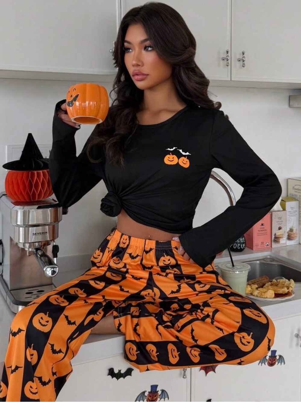 ZzzCrew Halloween Cute Pumpkin & Bat Print Long Sleeve Pajama Set, Comfort